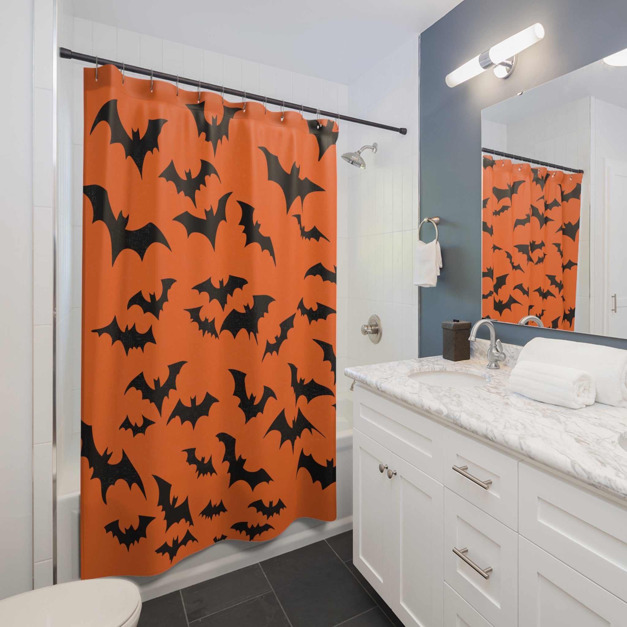 Halloween Bat Shower Curtain Orange Background, Spooky Bathroom Decor, Halloween Party Decor, Seasonal Home Accents, Autumn Vibes