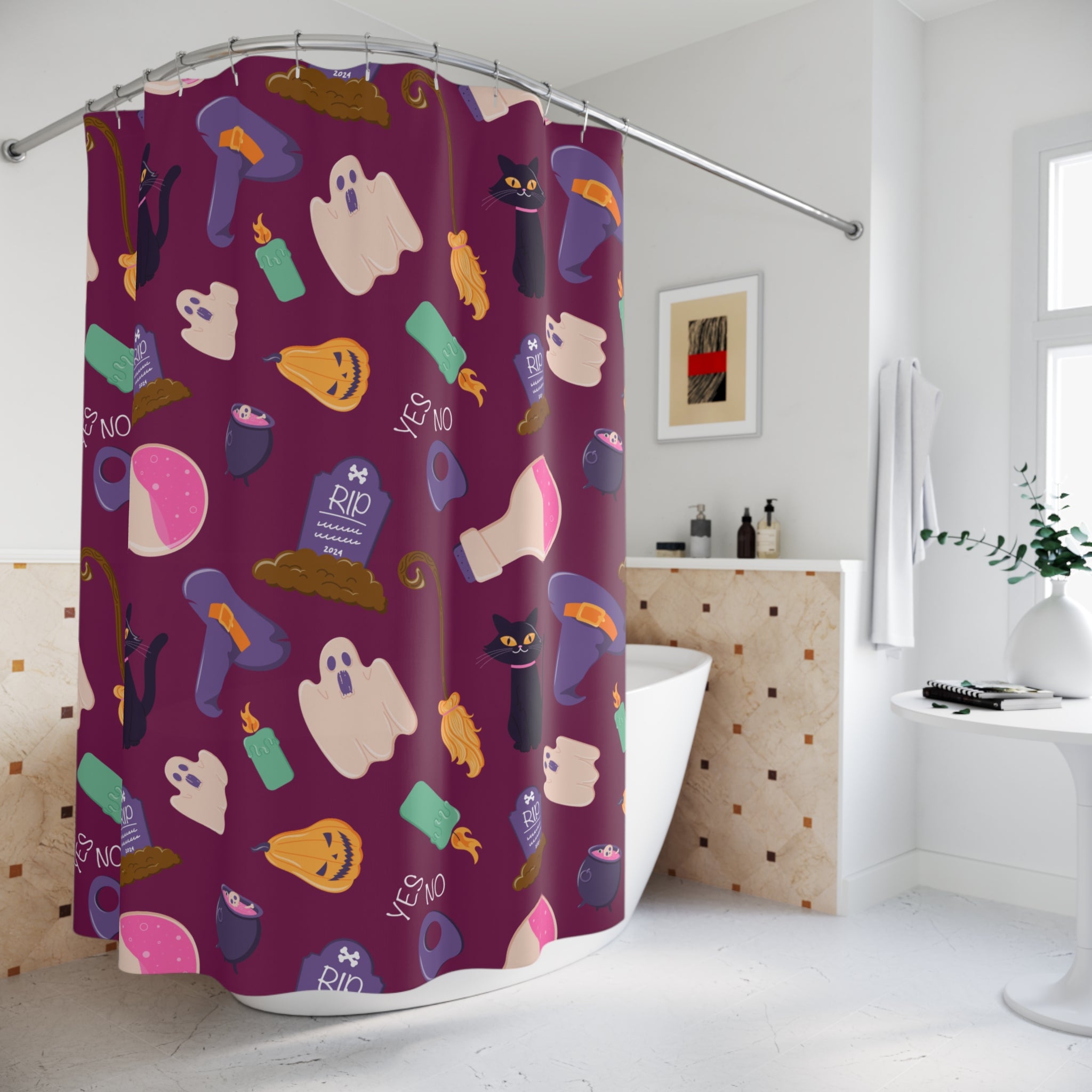 Halloween Shower Curtain with Ghosts, Spooky Decor for Bathroom, Holiday Gifts, Haunted House Theme, Whimsical Design
