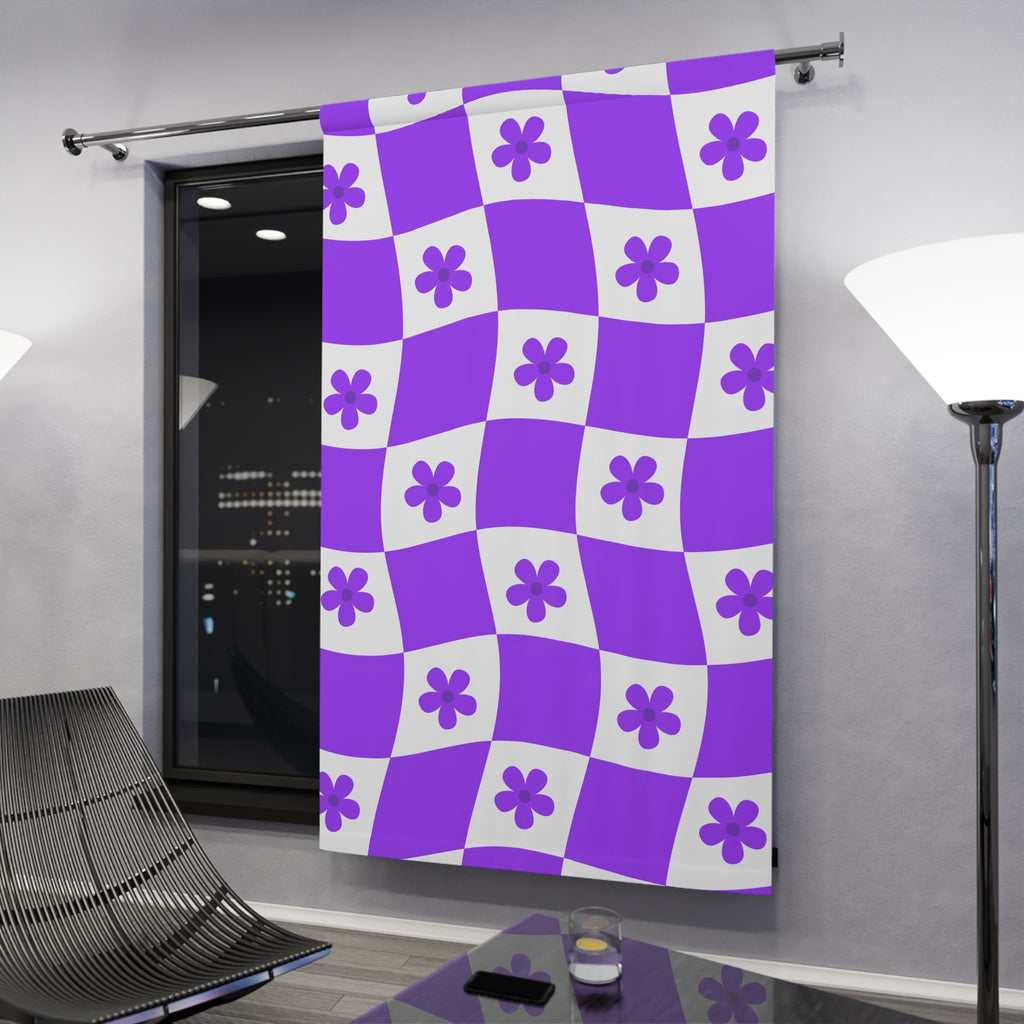 Vibrant Purple Checkered and Floral Blackout Window Curtain