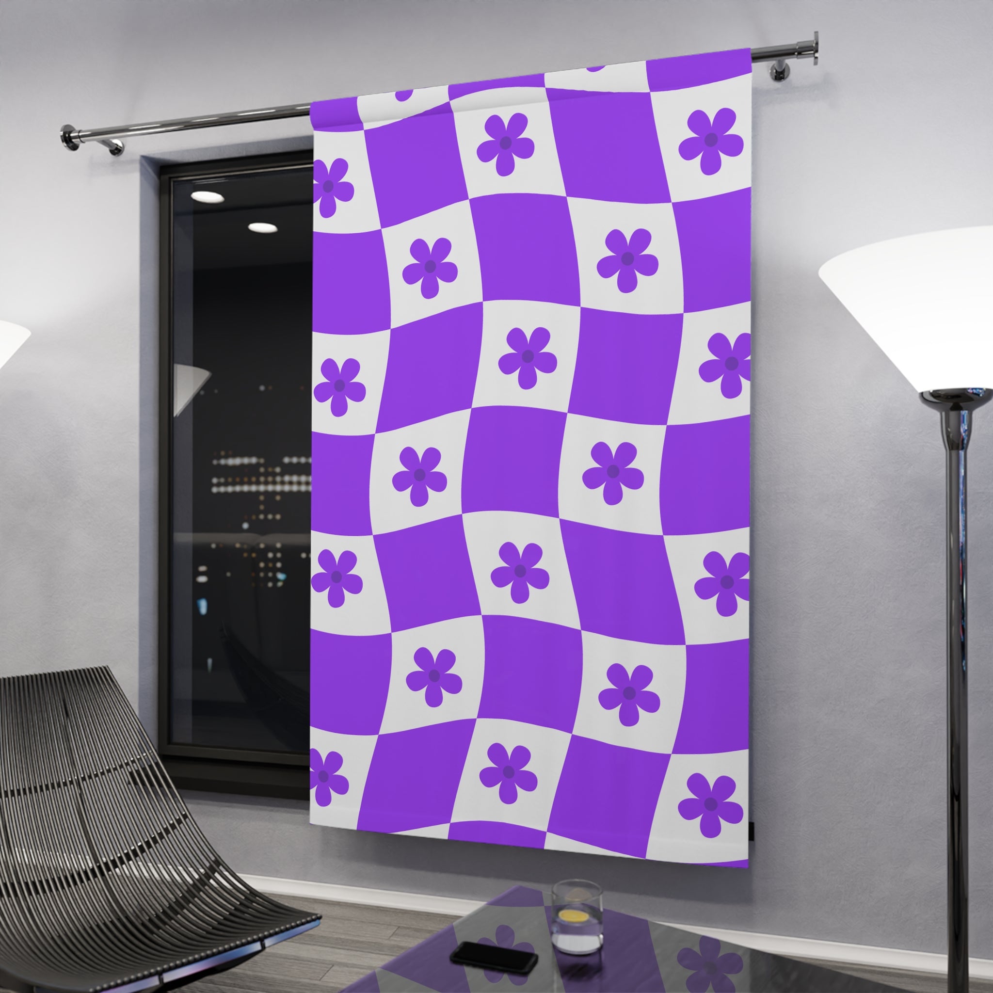 Vibrant Purple Checkered and Floral Blackout Window Curtain