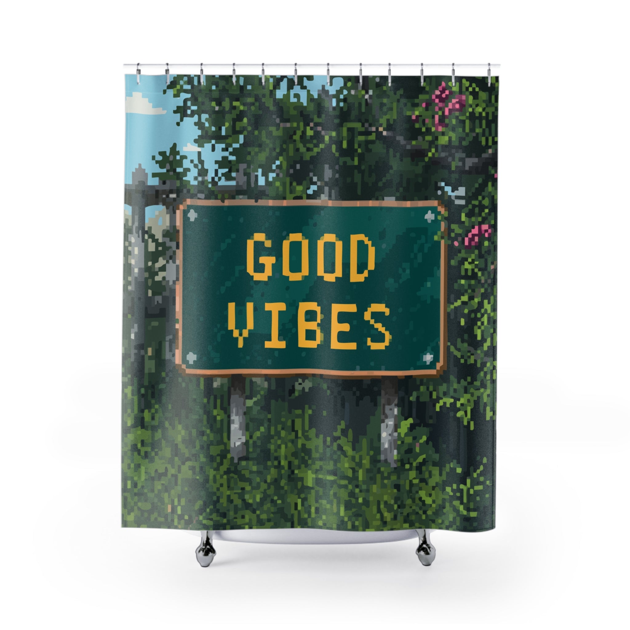 Pixelated Leafy Good Vibes Sign Shower Curtain