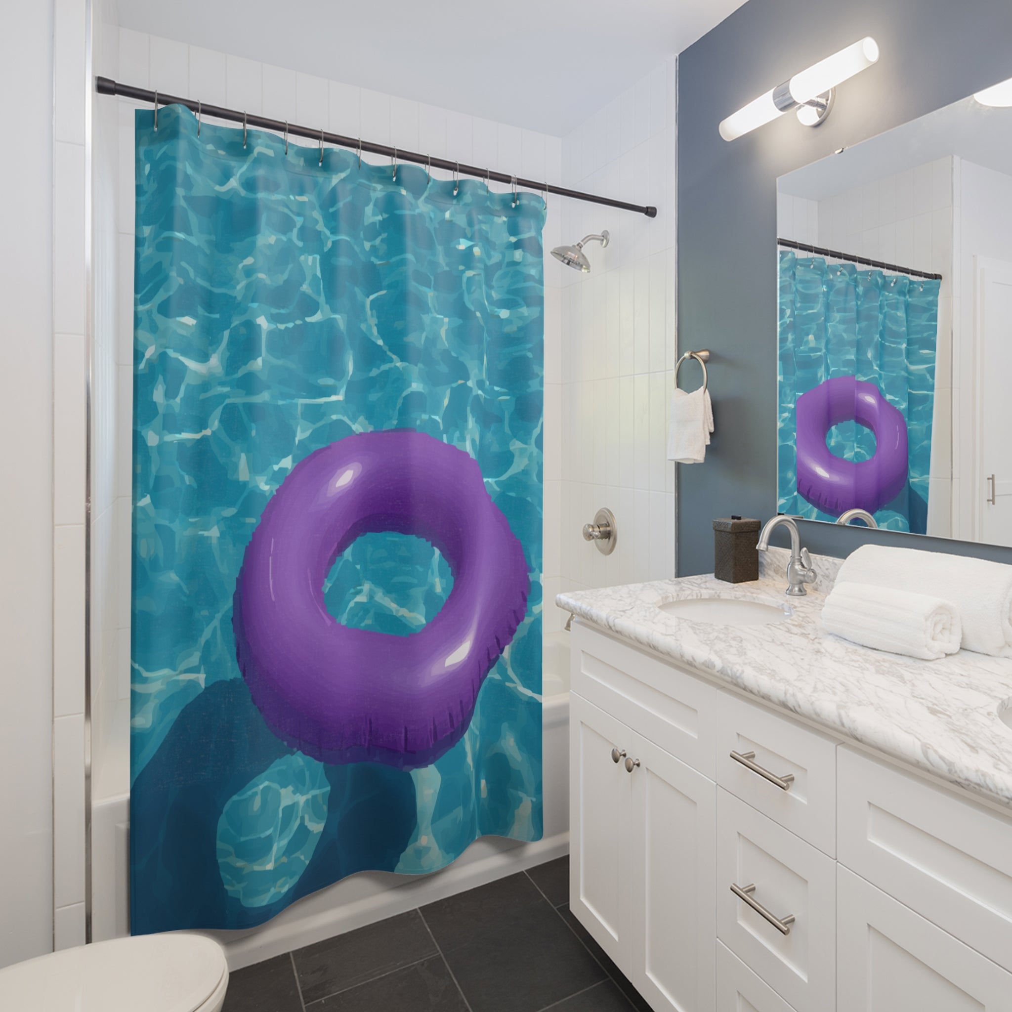 Poolside Purple Floaty Design Shower Curtain