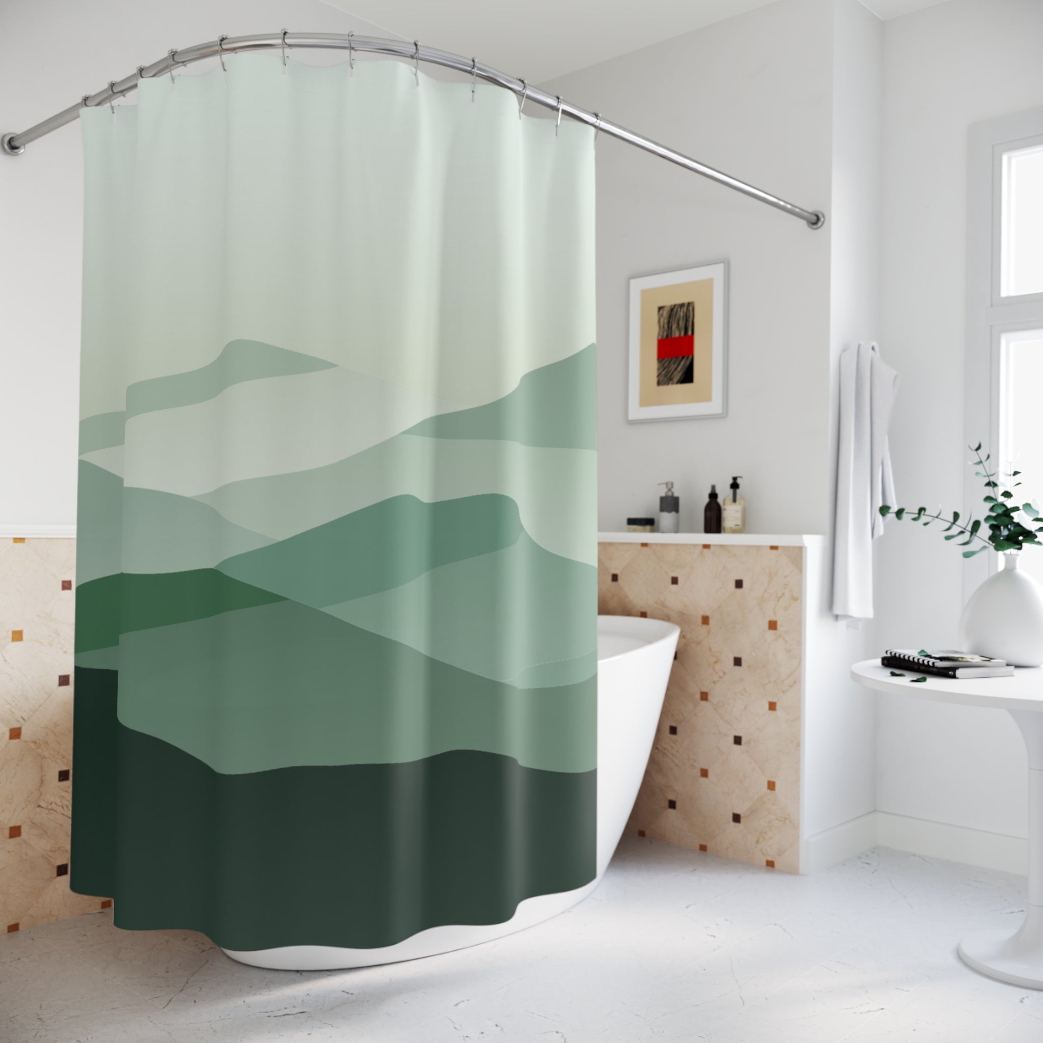 Serene Green Mountain Shower Curtain, Minimalist Bathroom Decor, Peaceful Shower Curtain, Nature Inspired Design, Modern Home Accessory