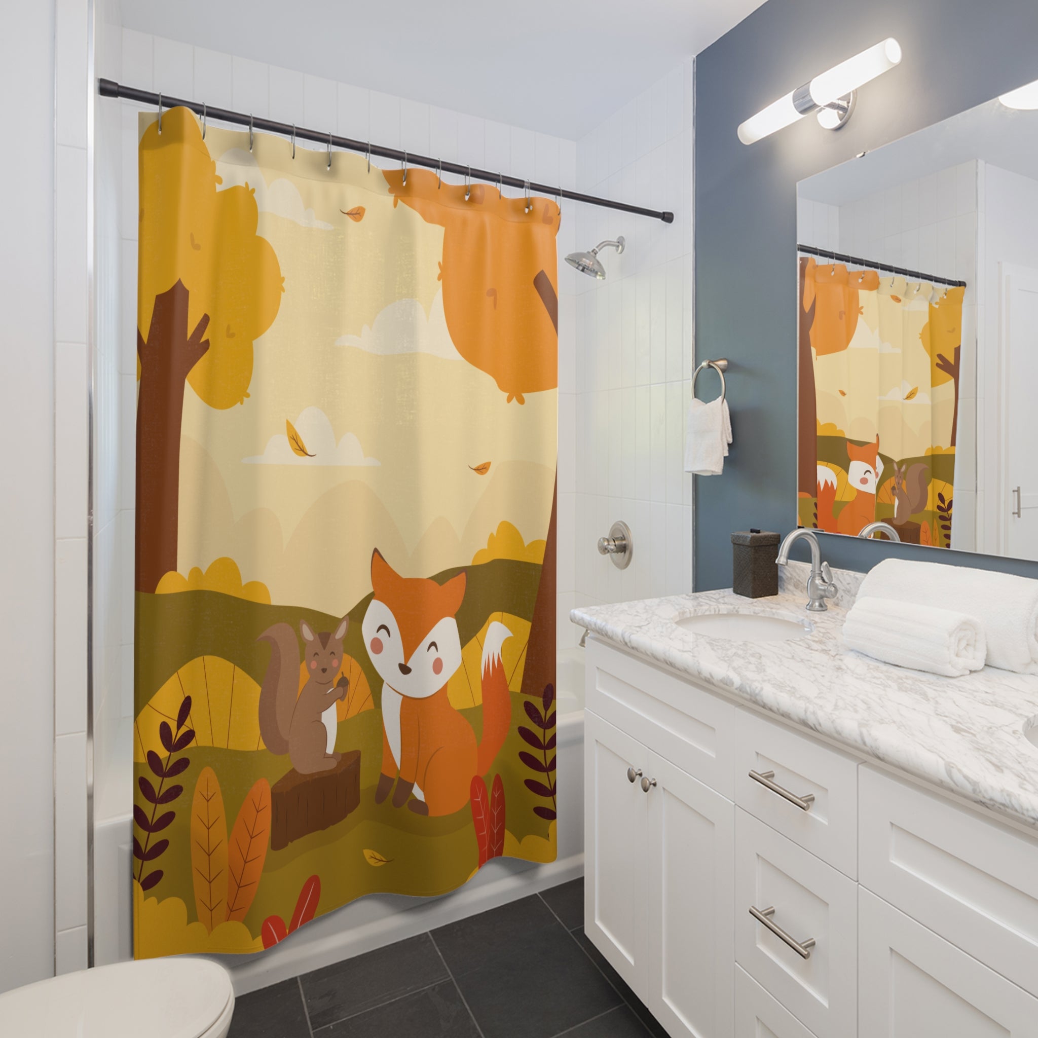 Autumn Forest Shower Curtain with Cute Fox and Squirrel, Cozy Bathroom Decor, Fall Home Accent, Nature-Inspired Gift, Seasonal Decor