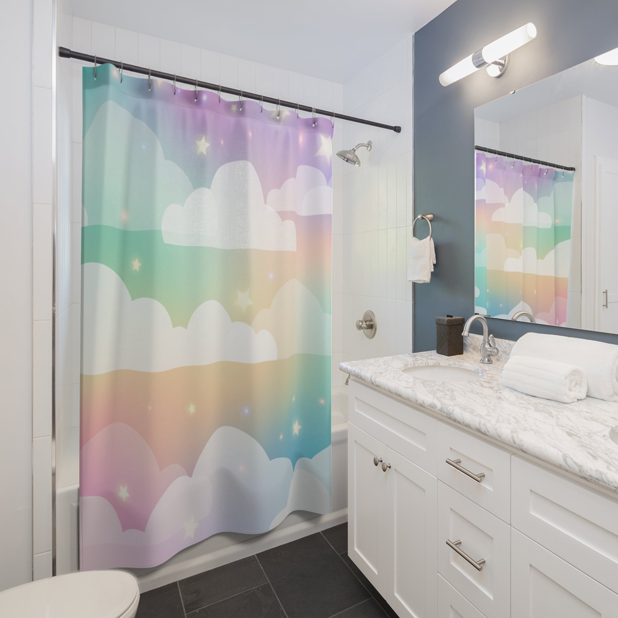 Dreamy Unicorn Clouds Shower Curtain, Kids Bathroom Decor, Pastel Bathroom Design, Colorful Cloud Home Accessory, Shower Curtain for Nursery