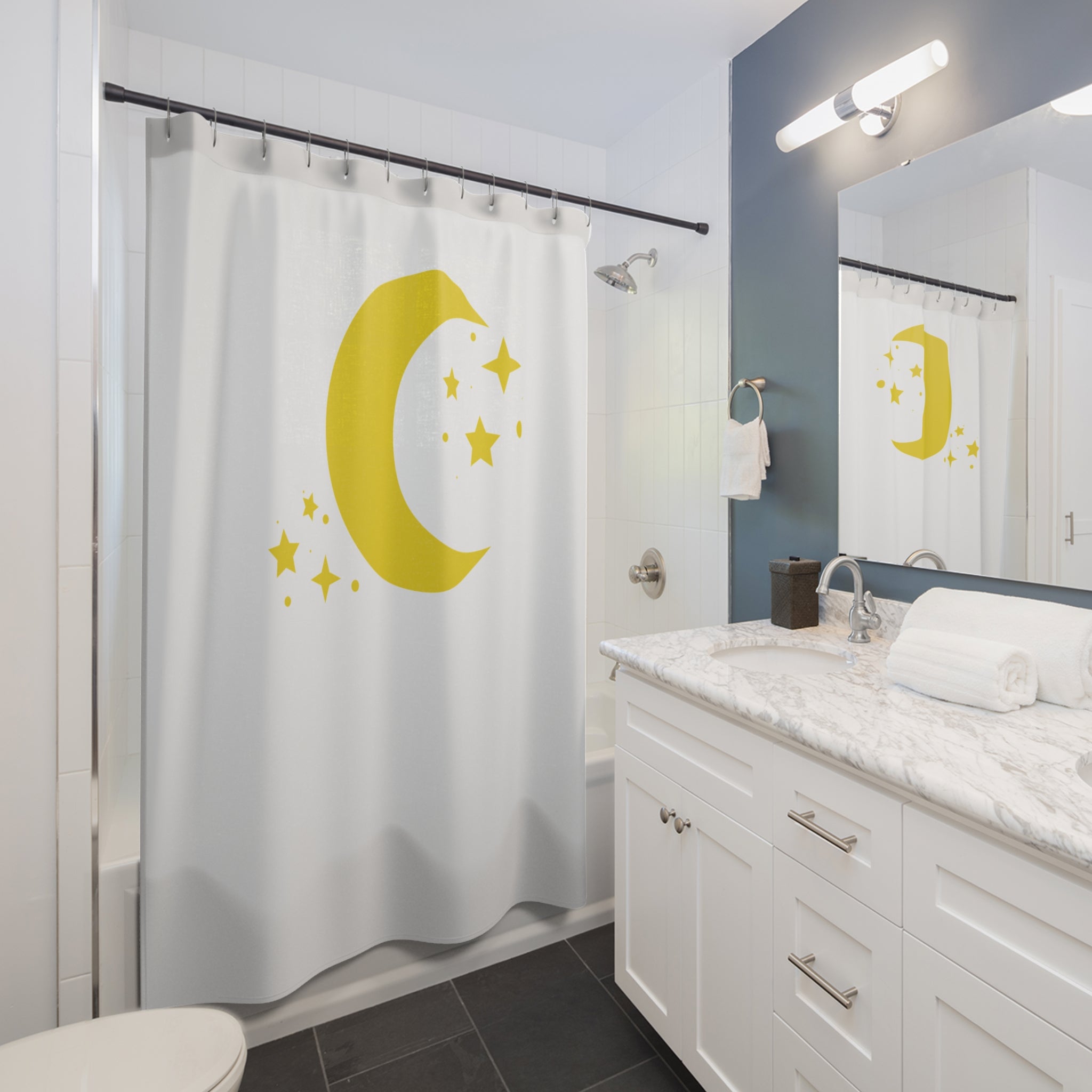 Celestial Moon & Stars on Off White Shower Curtain
