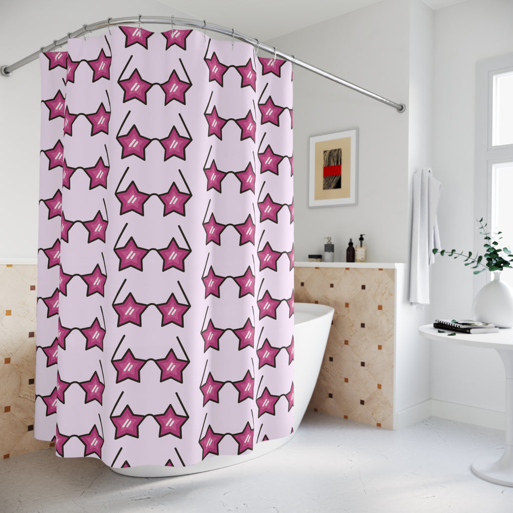 Starry Pink Sunglasses Glam Shower Curtain - Fun Bathroom Decor, Gift for Housewarming, Stylish Shower Accessory, Pink Star Design, Unique Home Accent