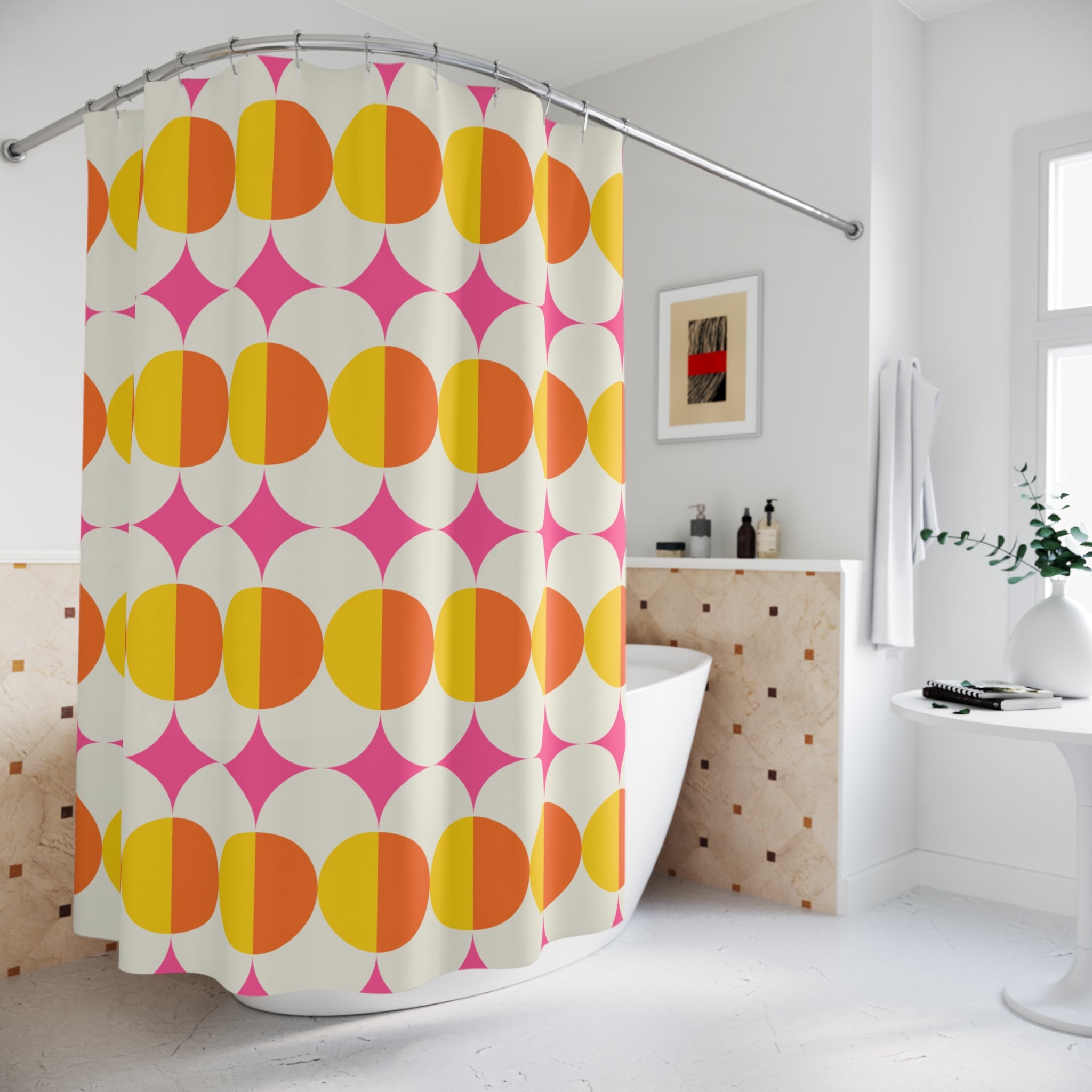 Retro Geometric Shower Curtain, Bright Colorful Bathroom Decor, Fun Home Accessories, Vibrant Gift for Housewarming, Modern Bathroom Art