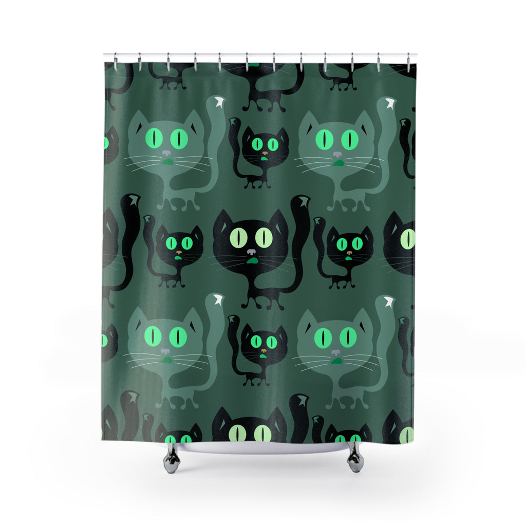 Playful Black Cat Greenish Cat Shower Curtain