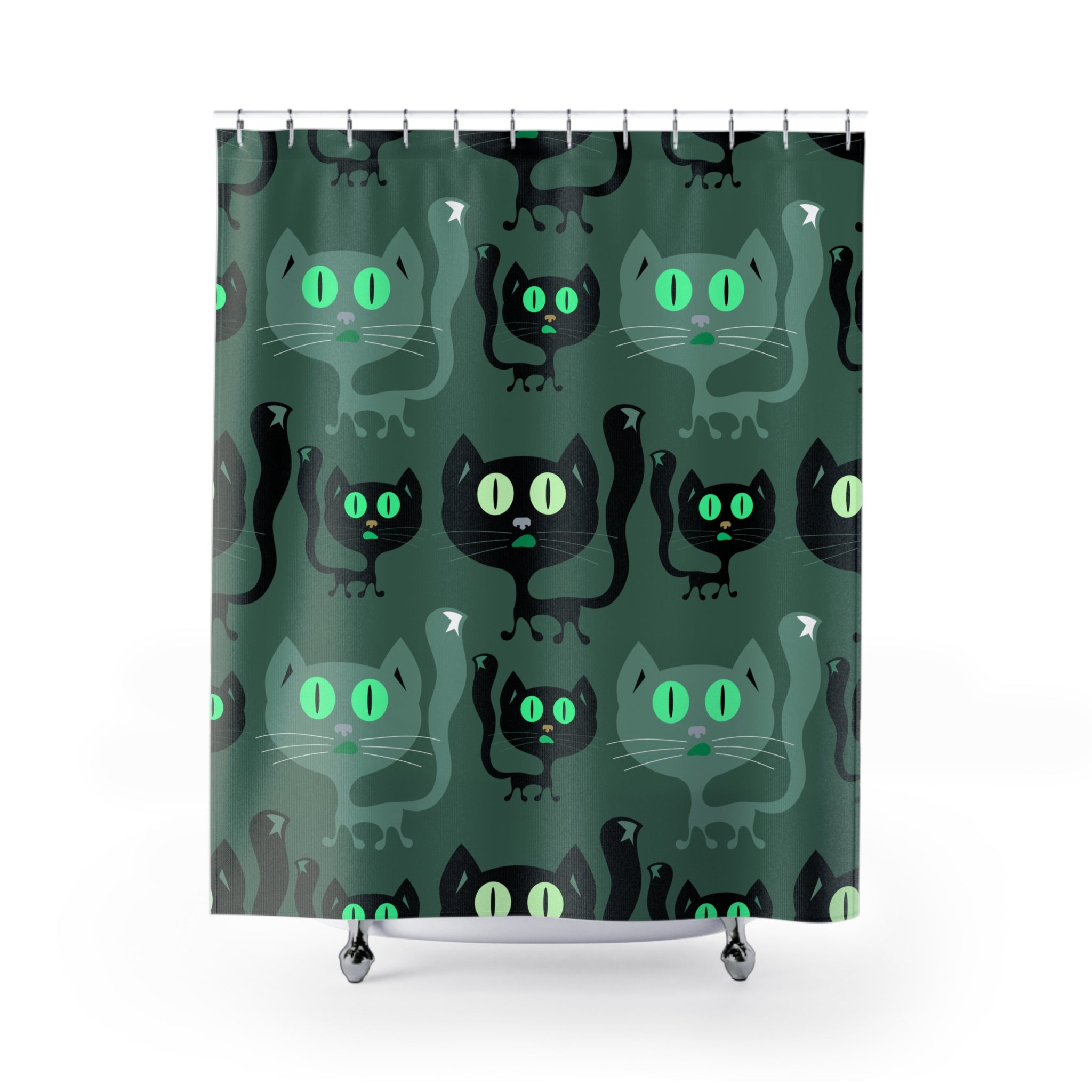 Playful Black Cat Greenish Cat Shower Curtain