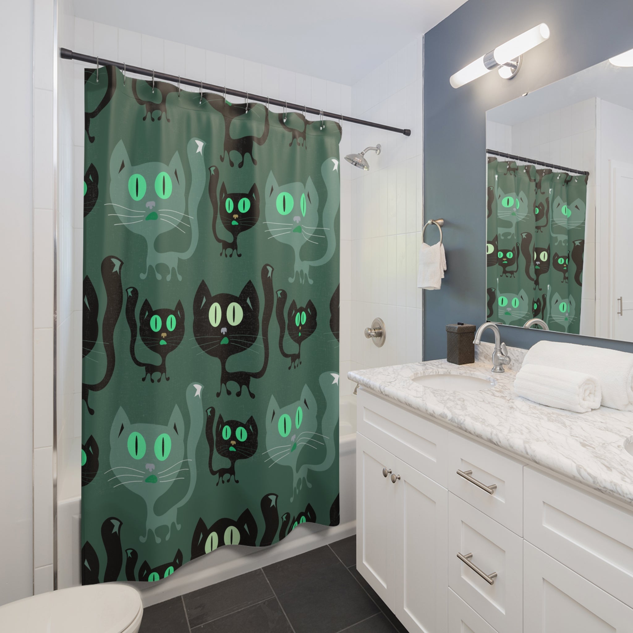 Playful Black Cat Greenish Cat Shower Curtain